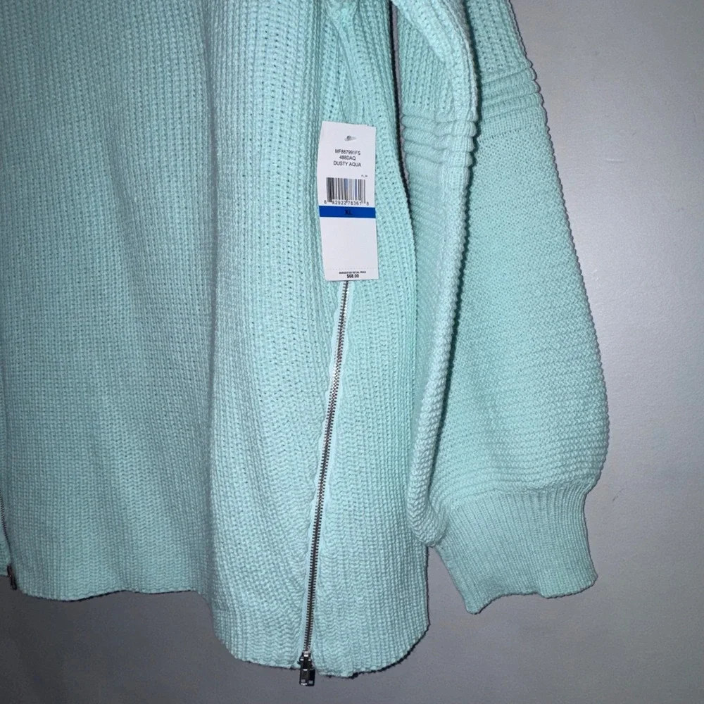 Fever Sweater Dusty Aqua Mock Neck Balloon Sleeve Chunky Knit Zipper‎ Sz XL NWT